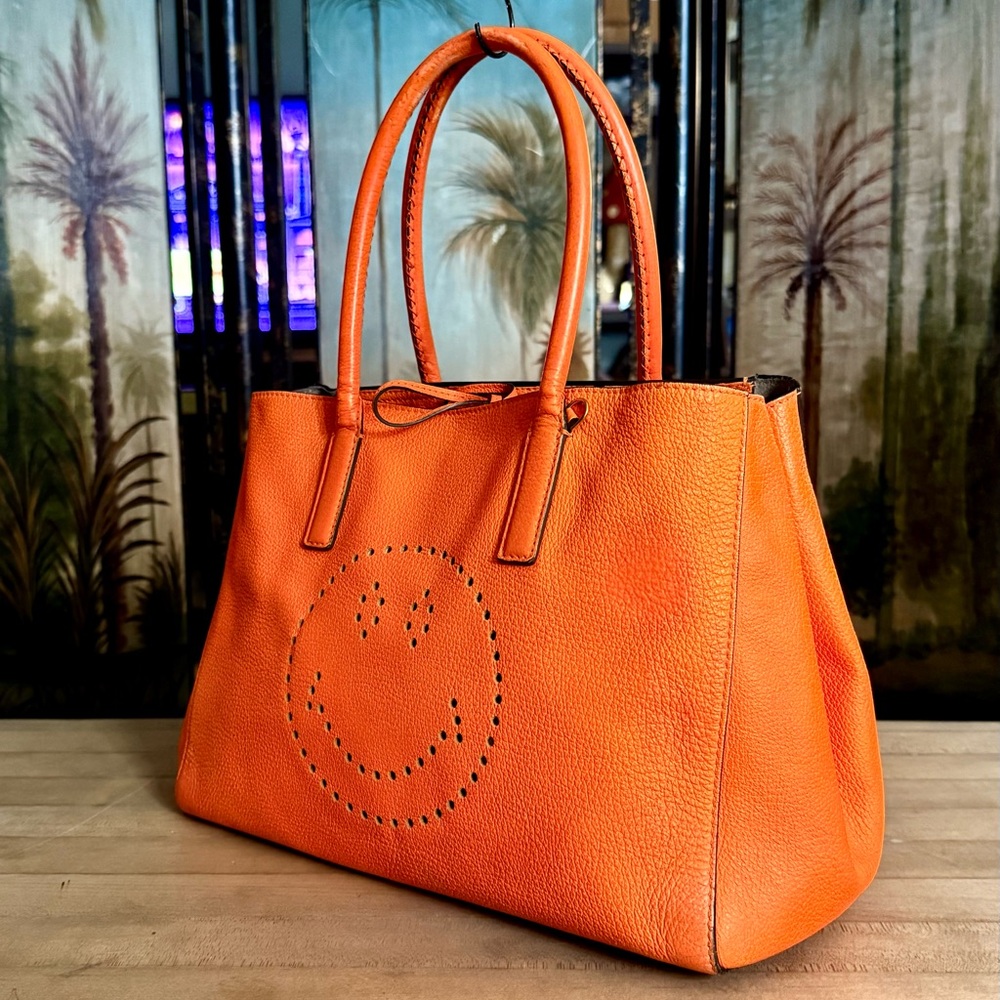 Anya Hindmarch Neon Orange Leather Featherweight Smiley Face Ebury Tote Bag - Picture 3 of 12